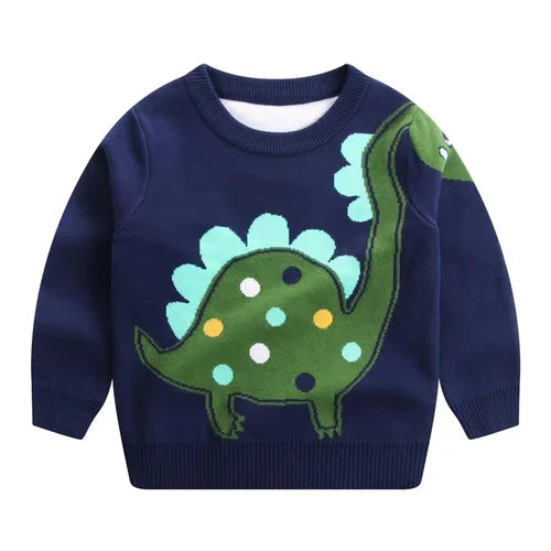 Embroidered Dinosaur Navy Blue Sweater - Cotton