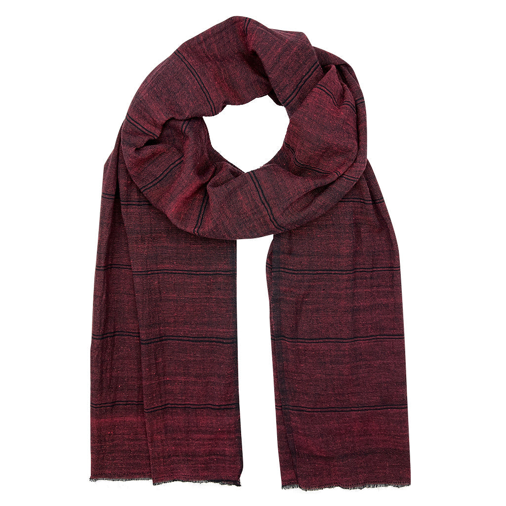 Red and black striped scarf on a white background