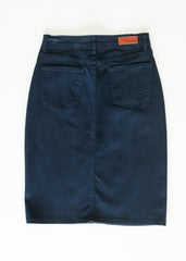 Blue denim skirt on a white background