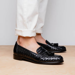 15-250-BLK RIVIERA Basketweave Calfskin Tassel Loafer, Black