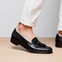 15-250-BLK RIVIERA Basketweave Calfskin Tassel Loafer, Black
