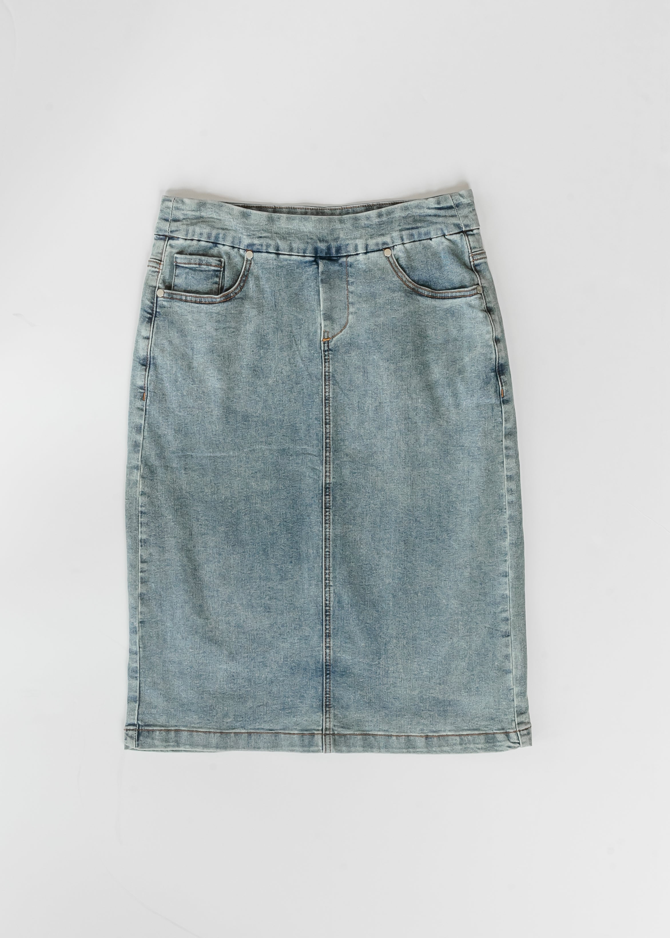 Light blue denim skirt on a white background