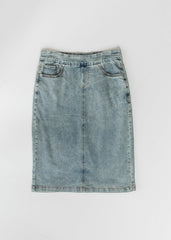 Light blue denim skirt on a white background