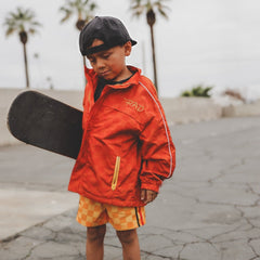 Child in red jacket and checkered shorts holding a skateboard on a paved surface with palm trees in the background.