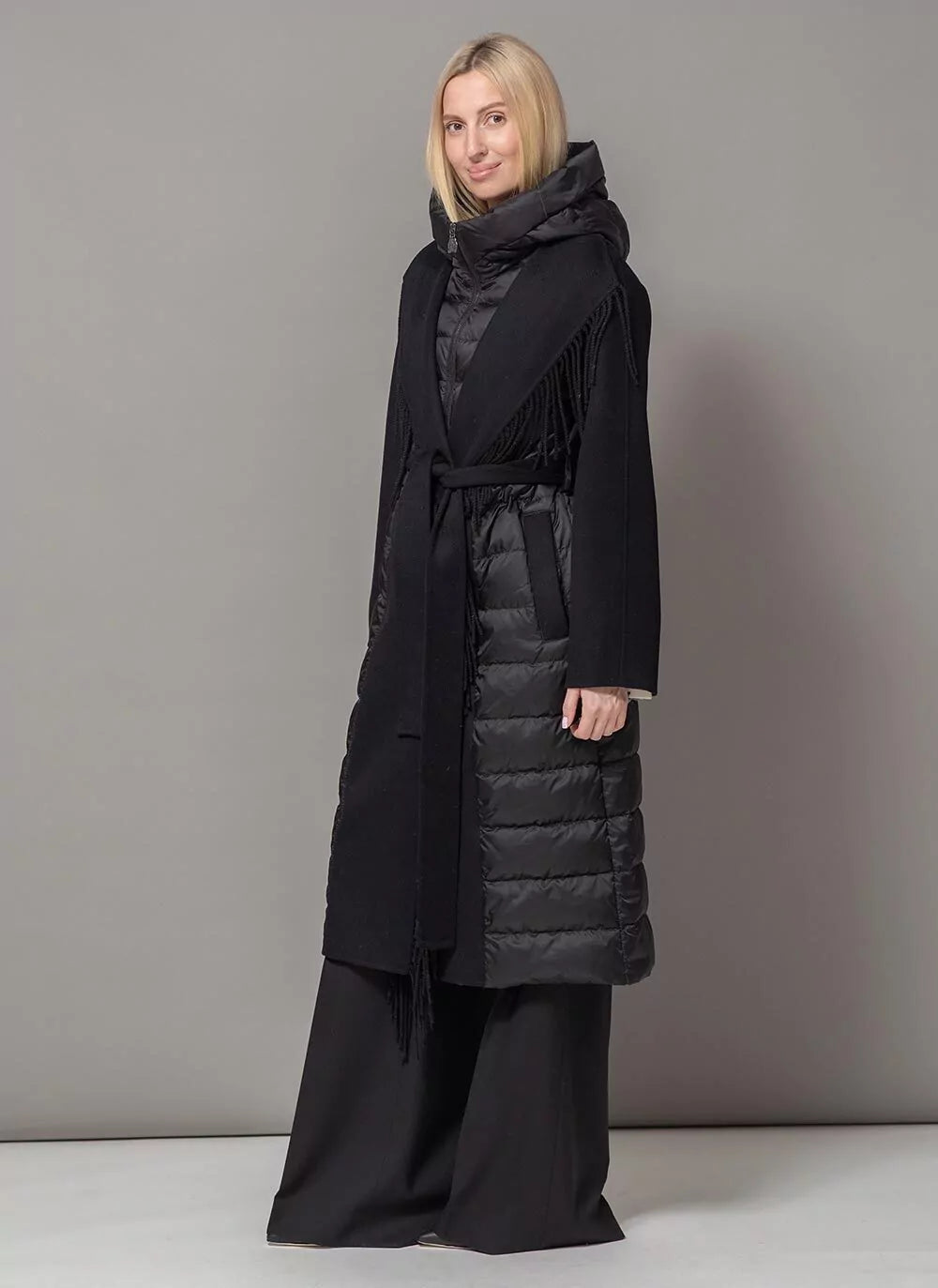 Kennedy Fringe Luxe Down Wool Blend Coat in Black Alaska® Outerwear Company