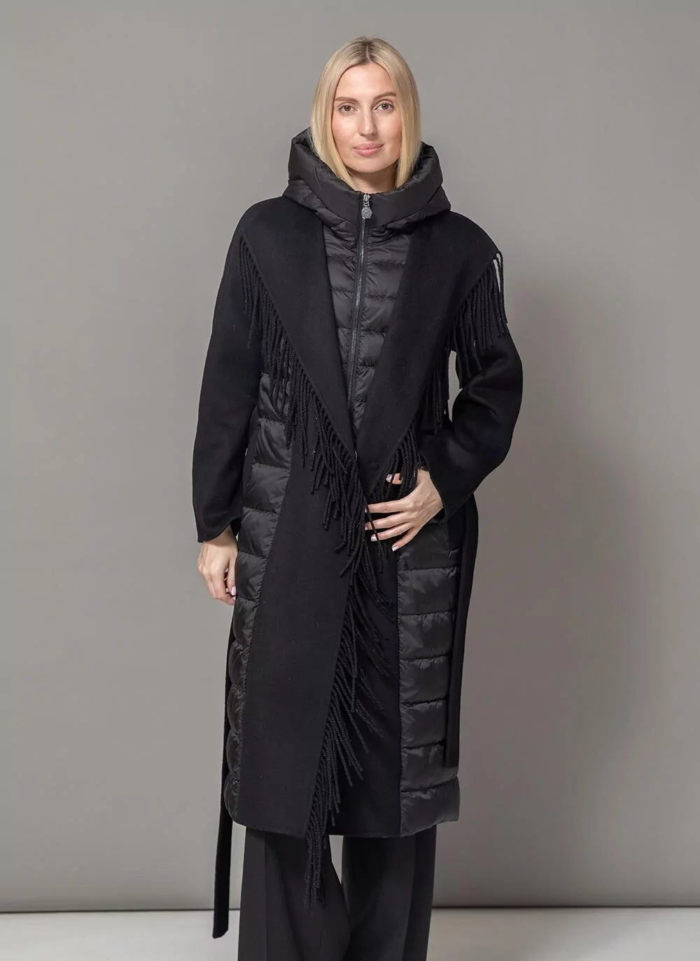 Kennedy Fringe Luxe Down Wool Blend Coat in Black Alaska® Outerwear Company
