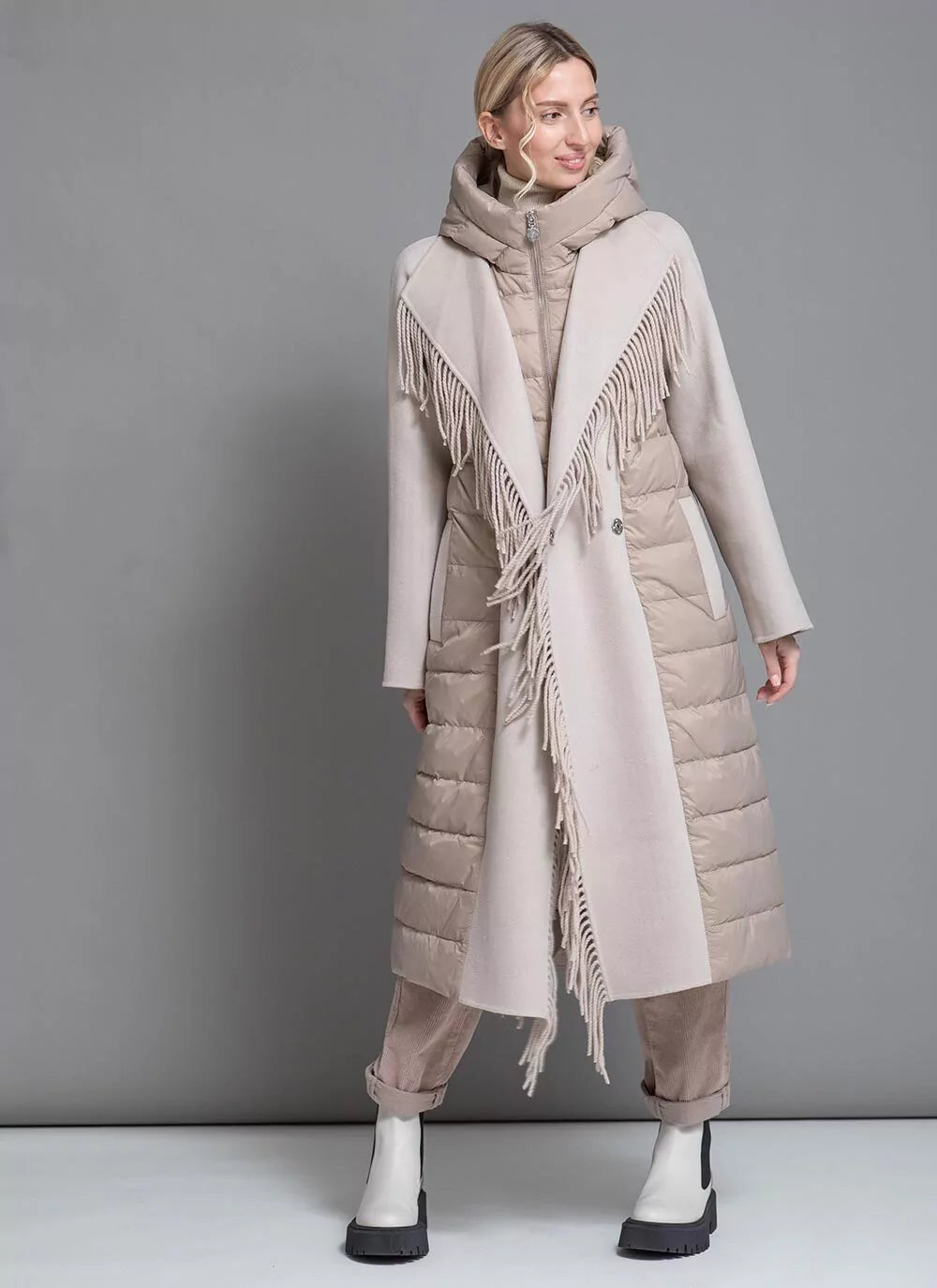 Kennedy Fringe Luxe Down Wool Coat in Beige Alaska® Outerwear Company