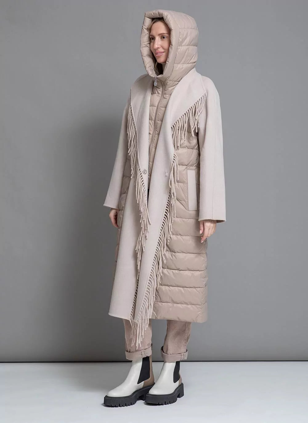 Kennedy Fringe Luxe Down Wool Coat in Beige Alaska® Outerwear Company
