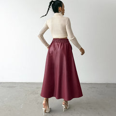 Women's faux leather A-line long skirt detail