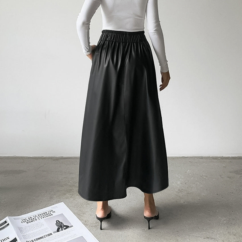Women's black faux leather high-waist A-line skirt