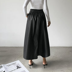 Women's black faux leather high-waist A-line skirt