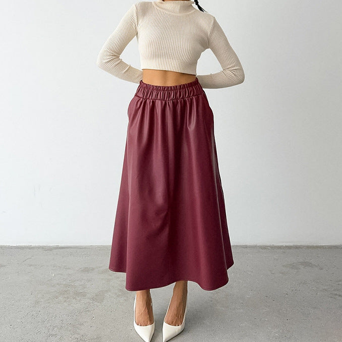Women's wine red faux leather high-waist A-line skirt