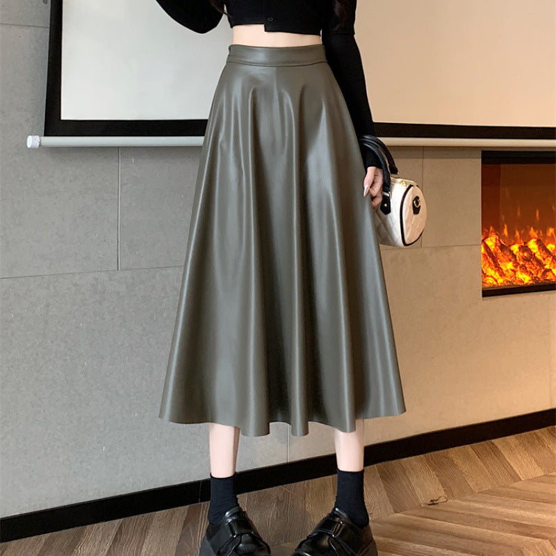 Women's army green faux leather midi A-line skirt