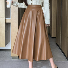 Women's khaki faux leather midi A-line skirt
