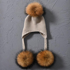 Children's Knitted Hat with Three Raccoon Fur Pompoms | Cozy Winter Style