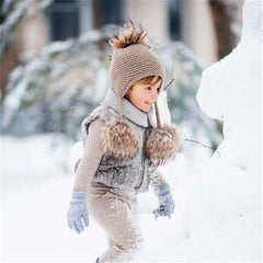 Children's Knitted Hat with Three Raccoon Fur Pompoms | Cozy Winter Style