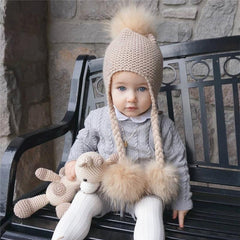 Children's Knitted Hat with Three Raccoon Fur Pompoms | Cozy Winter Style