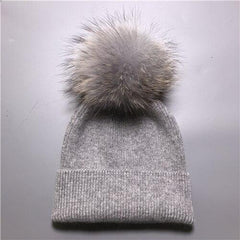 Women's wool hat with a pom-pom made of natural angora rabbit fur - Family Shopolf