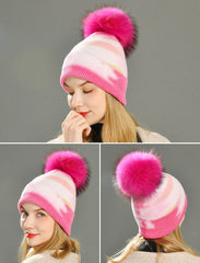 Multicolor Cashmere Wool Blend Knitted Winter Hat with Fur