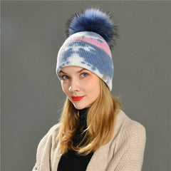 Multicolor Cashmere Wool Blend Knitted Winter Hat with Fur