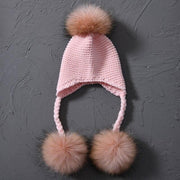 Children's knitted hat with three pompoms made of natural fur - Family Shopolf