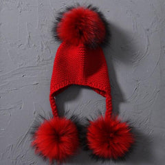 Children's Knitted Hat with Three Raccoon Fur Pompoms | Cozy Winter Style