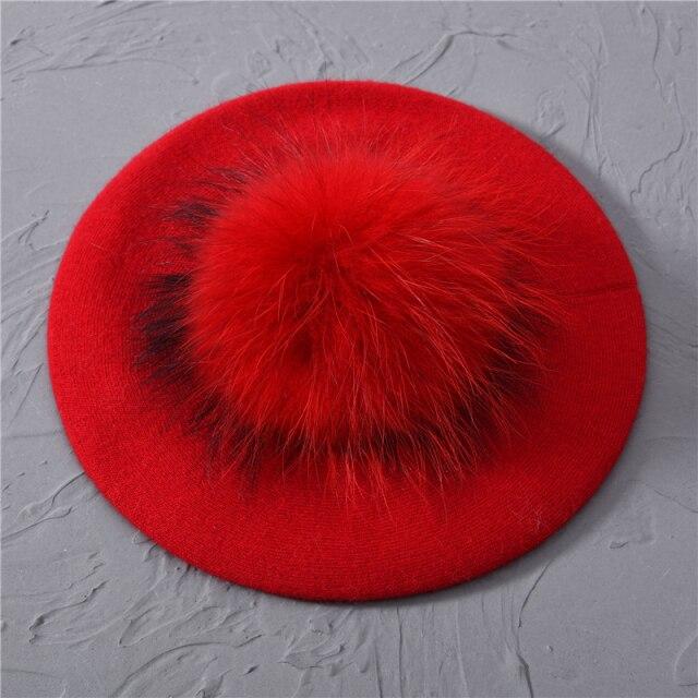 Women's Knitted Wool Beret | Raccoon Fur Pom-Pom