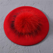 Knitted wool beret with a pom-pom made of natural raccoon fur - Family Shopolf