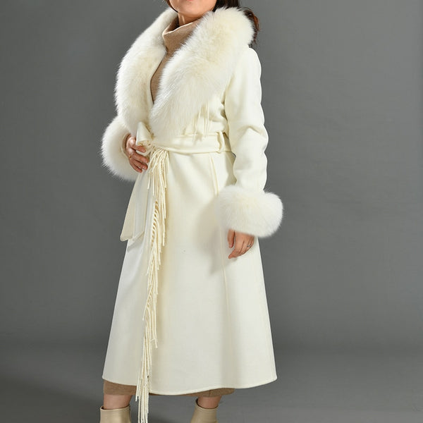 Long cashmere coat with tassels, real fur collar