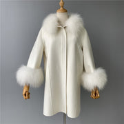 Solid color wool coat, cuffs with natural fur collar - Family Shopolf