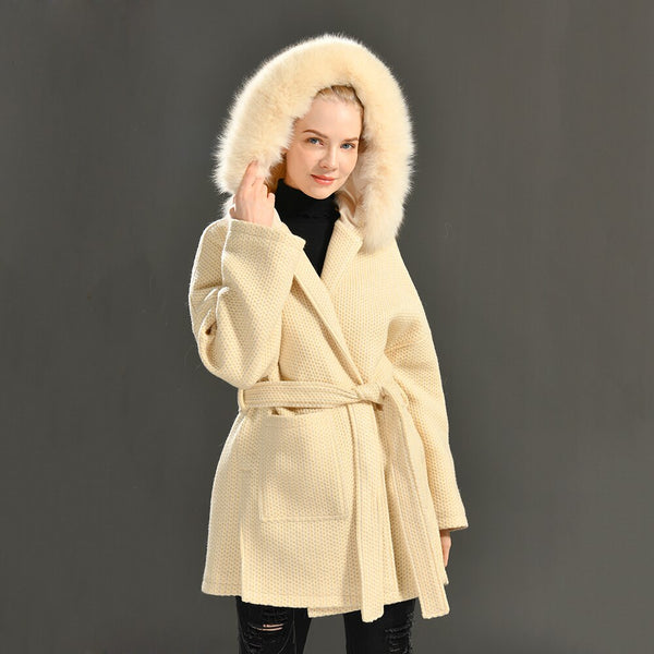 Woolen coat with a hood in real fur with a collar and long sleeves