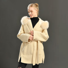 Woolen Coat with Fur Hood | Elegant Long-Sleeve Design