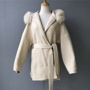 Woolen coat with a hood in real fur with a collar and long sleeves - Family Shopolf